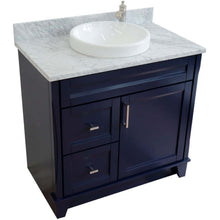 Load image into Gallery viewer, 37&quot; Single sink vanity in Blue finish with White Carrara marble and CENTER round sink- RIGHT drawers - 400700-37R-BU-WMRDC