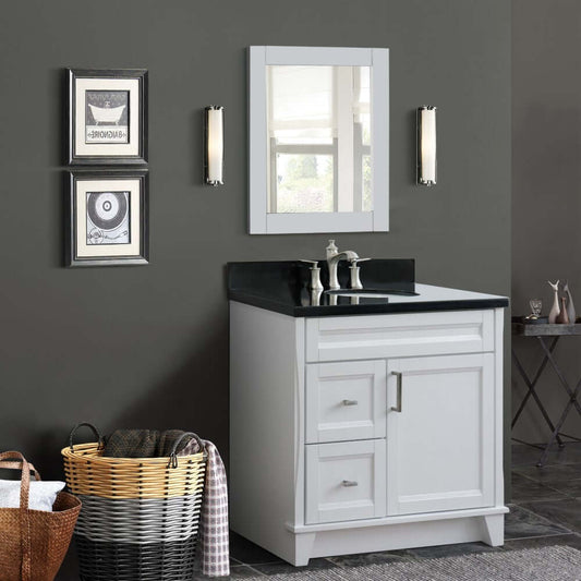 37" Single sink vanity in White finish with Black galaxy granite and CENTER oval sink- RIGHT drawers - 400700-37R-WH-BGOC