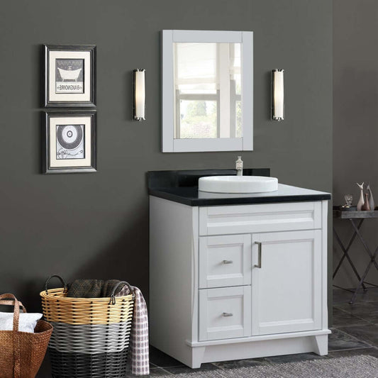 37" Single sink vanity in White finish with Black galaxy granite and CENTER round sink- RIGHT drawers - 400700-37R-WH-BGRDC