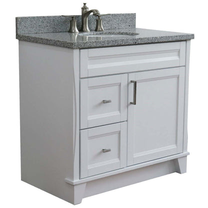 37" Single sink vanity in White finish with Gray granite and CENTER oval sink- RIGHT drawers - 400700-37R-WH-GYOC