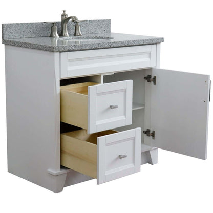 37" Single sink vanity in White finish with Gray granite and CENTER oval sink- RIGHT drawers - 400700-37R-WH-GYOC