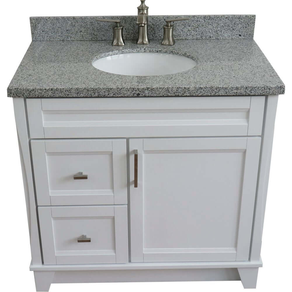 37" Single sink vanity in White finish with Gray granite and CENTER oval sink- RIGHT drawers - 400700-37R-WH-GYOC