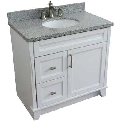 37" Single sink vanity in White finish with Gray granite and CENTER oval sink- RIGHT drawers - 400700-37R-WH-GYOC