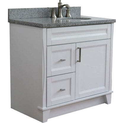 37" Single sink vanity in White finish with Gray granite and LEFT oval sink- RIGHT drawers - 400700-37R-WH-GYOR