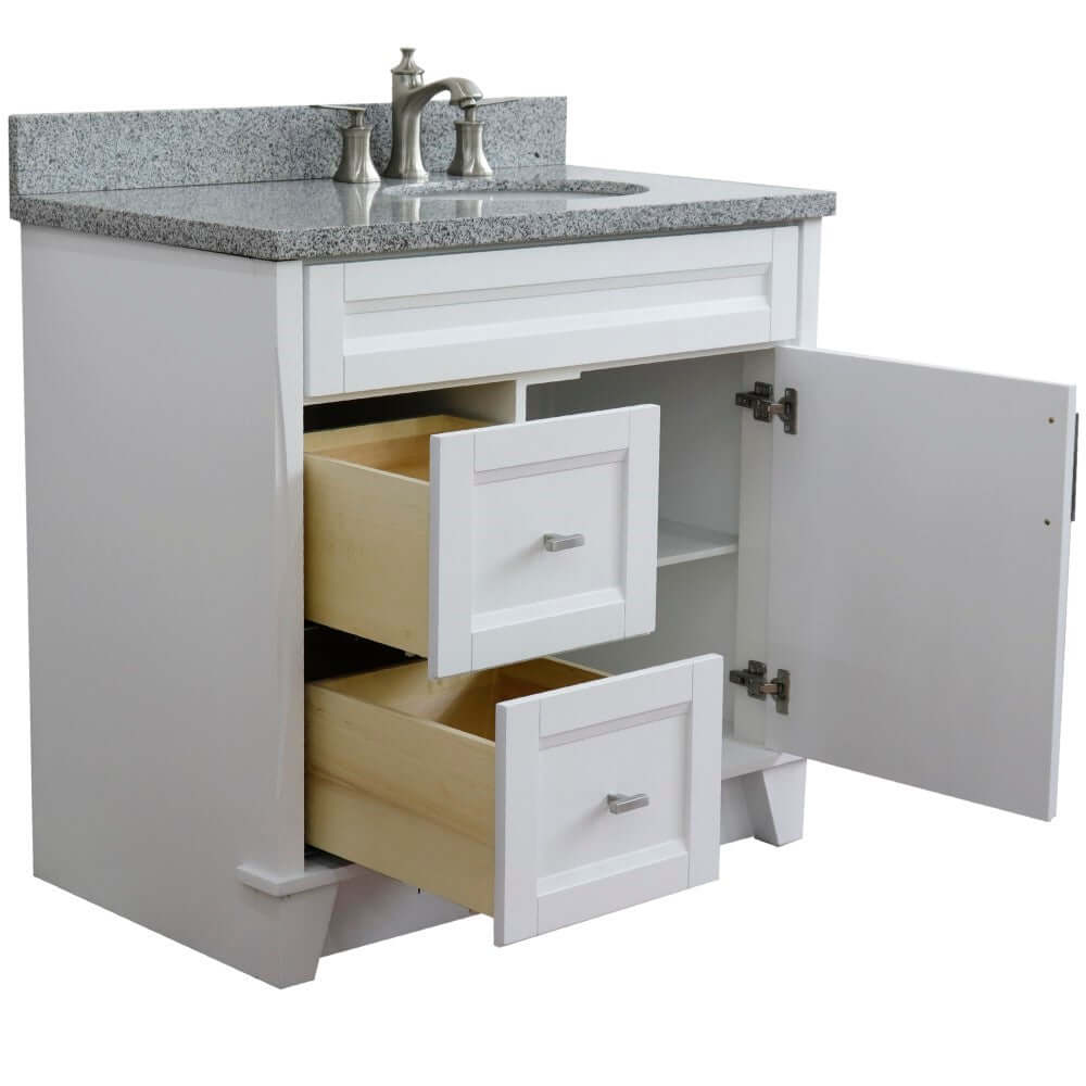 37" Single sink vanity in White finish with Gray granite and LEFT oval sink- RIGHT drawers - 400700-37R-WH-GYOR