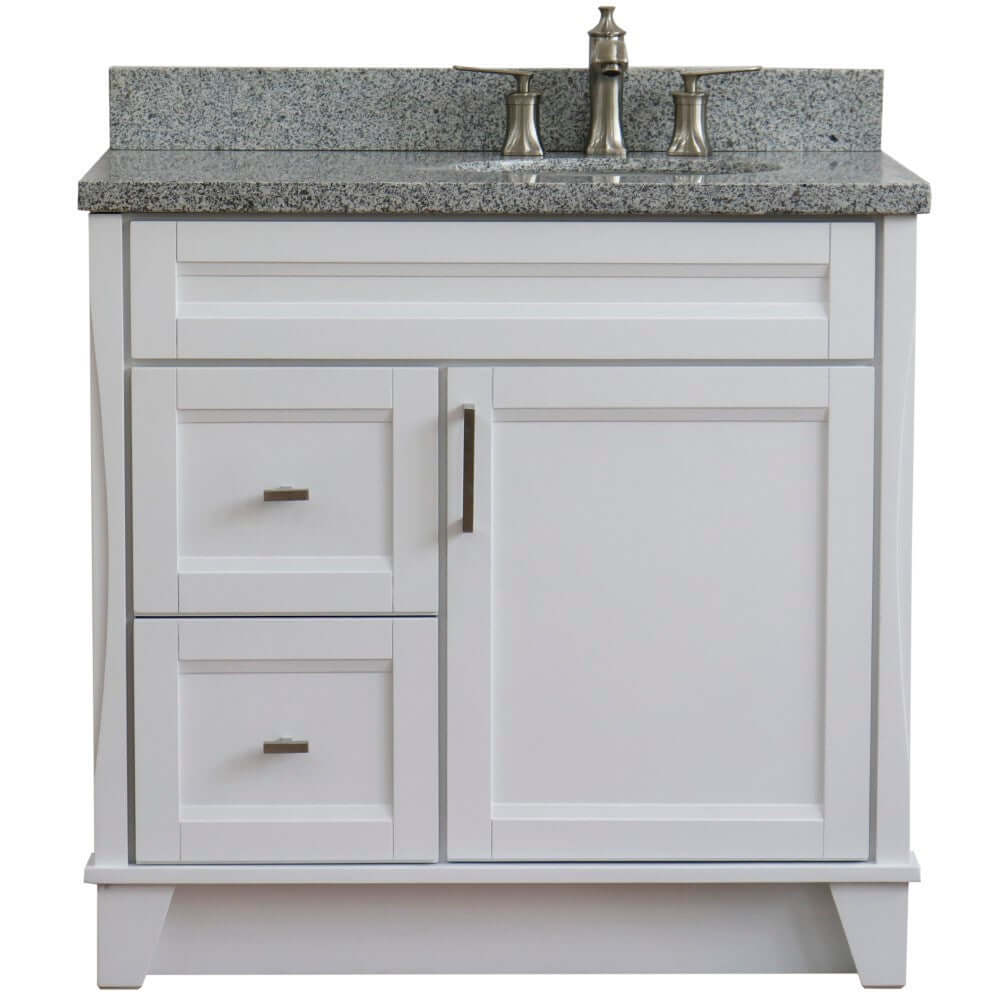 37" Single sink vanity in White finish with Gray granite and LEFT oval sink- RIGHT drawers - 400700-37R-WH-GYOR