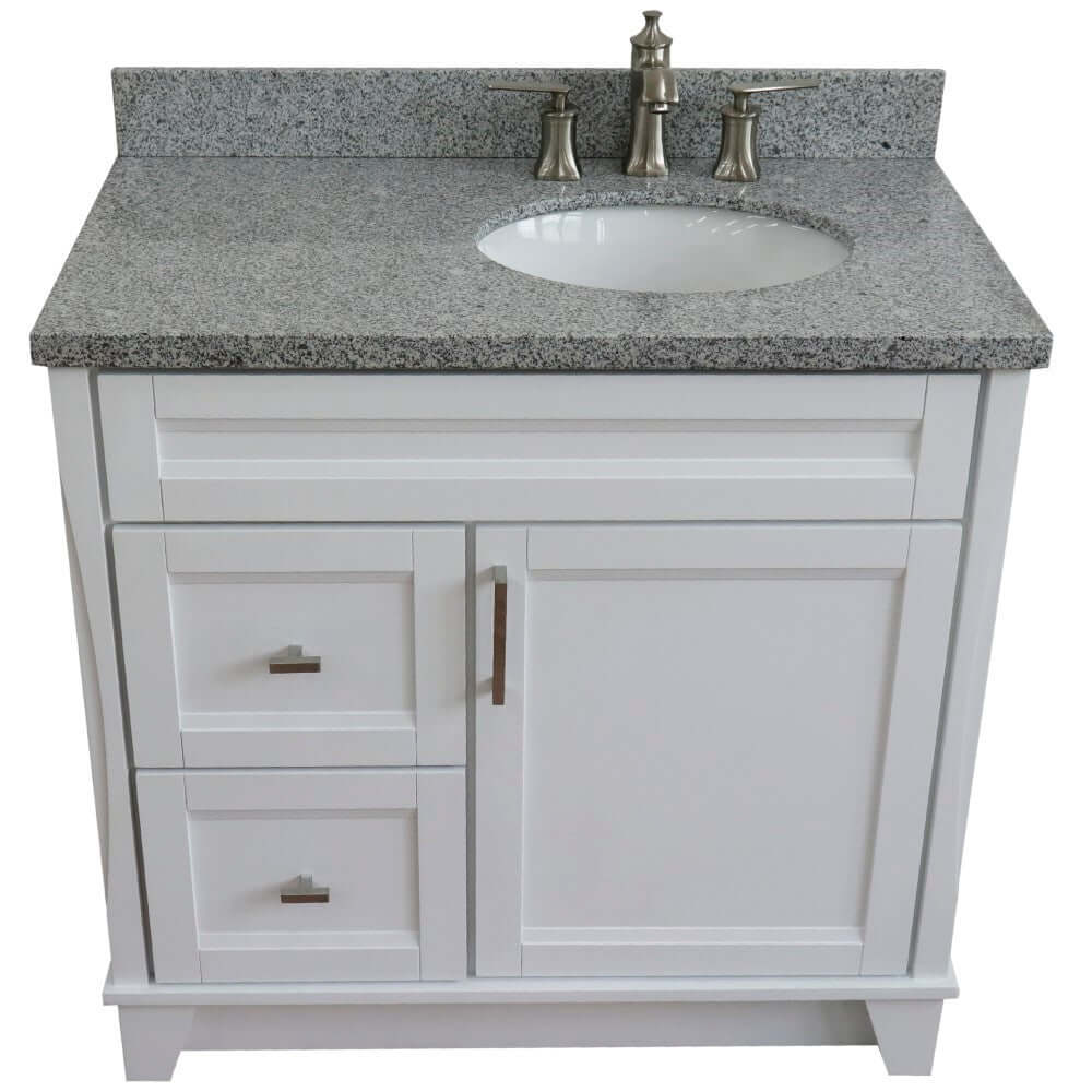 37" Single sink vanity in White finish with Gray granite and LEFT oval sink- RIGHT drawers - 400700-37R-WH-GYOR