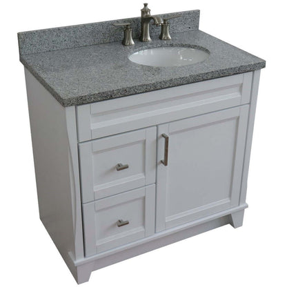 37" Single sink vanity in White finish with Gray granite and LEFT oval sink- RIGHT drawers - 400700-37R-WH-GYOR