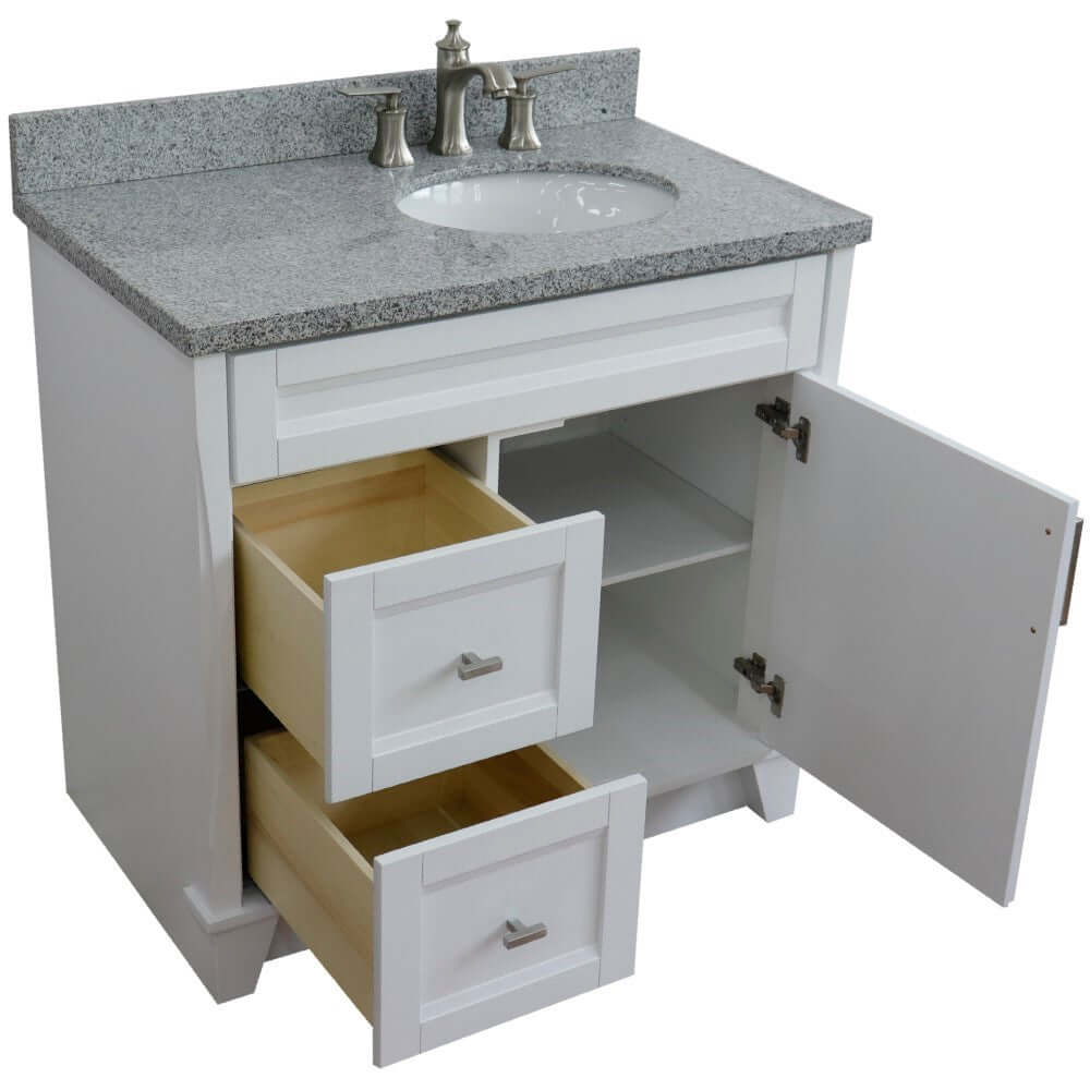 37" Single sink vanity in White finish with Gray granite and LEFT oval sink- RIGHT drawers - 400700-37R-WH-GYOR