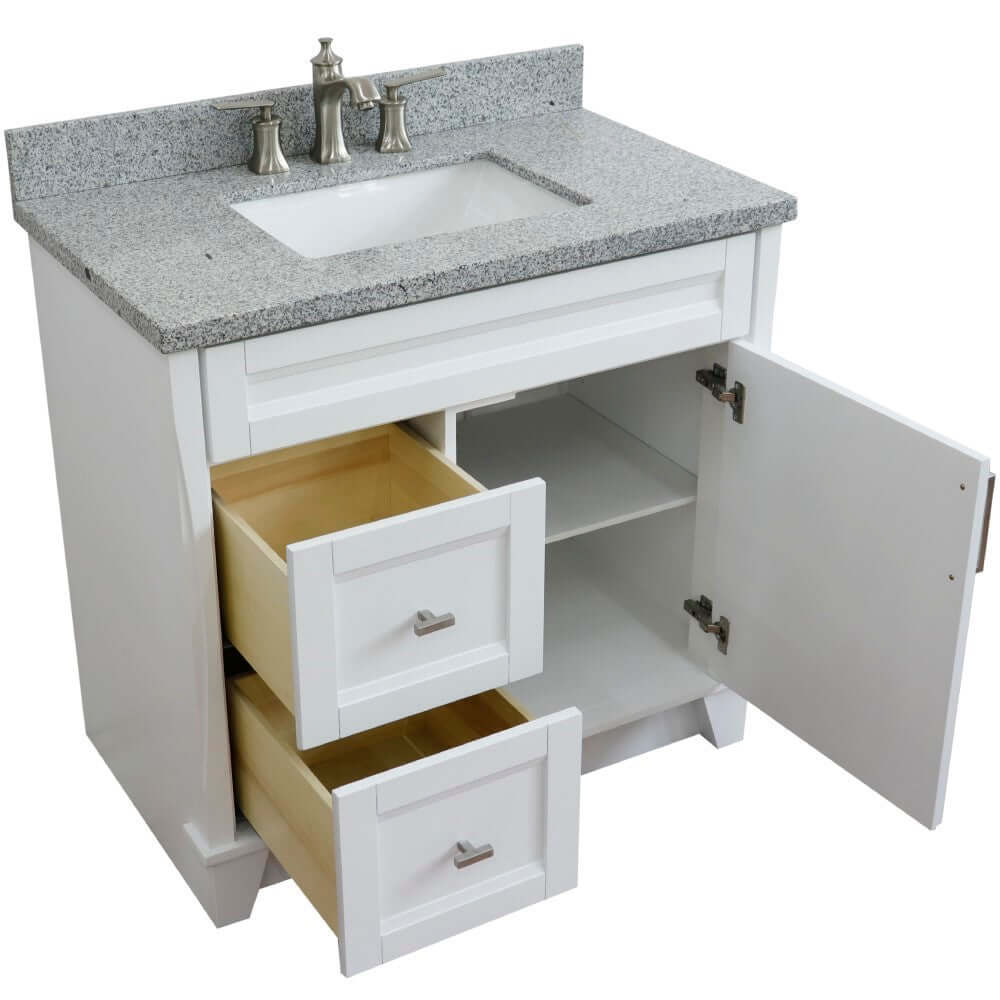 37" Single sink vanity in White finish with Gray granite and CENTER rectangle sink- RIGHT drawers - 400700-37R-WH-GYRC