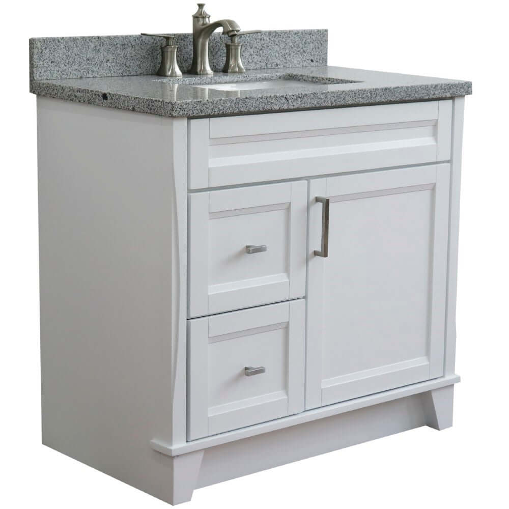 37" Single sink vanity in White finish with Gray granite and CENTER rectangle sink- RIGHT drawers - 400700-37R-WH-GYRC