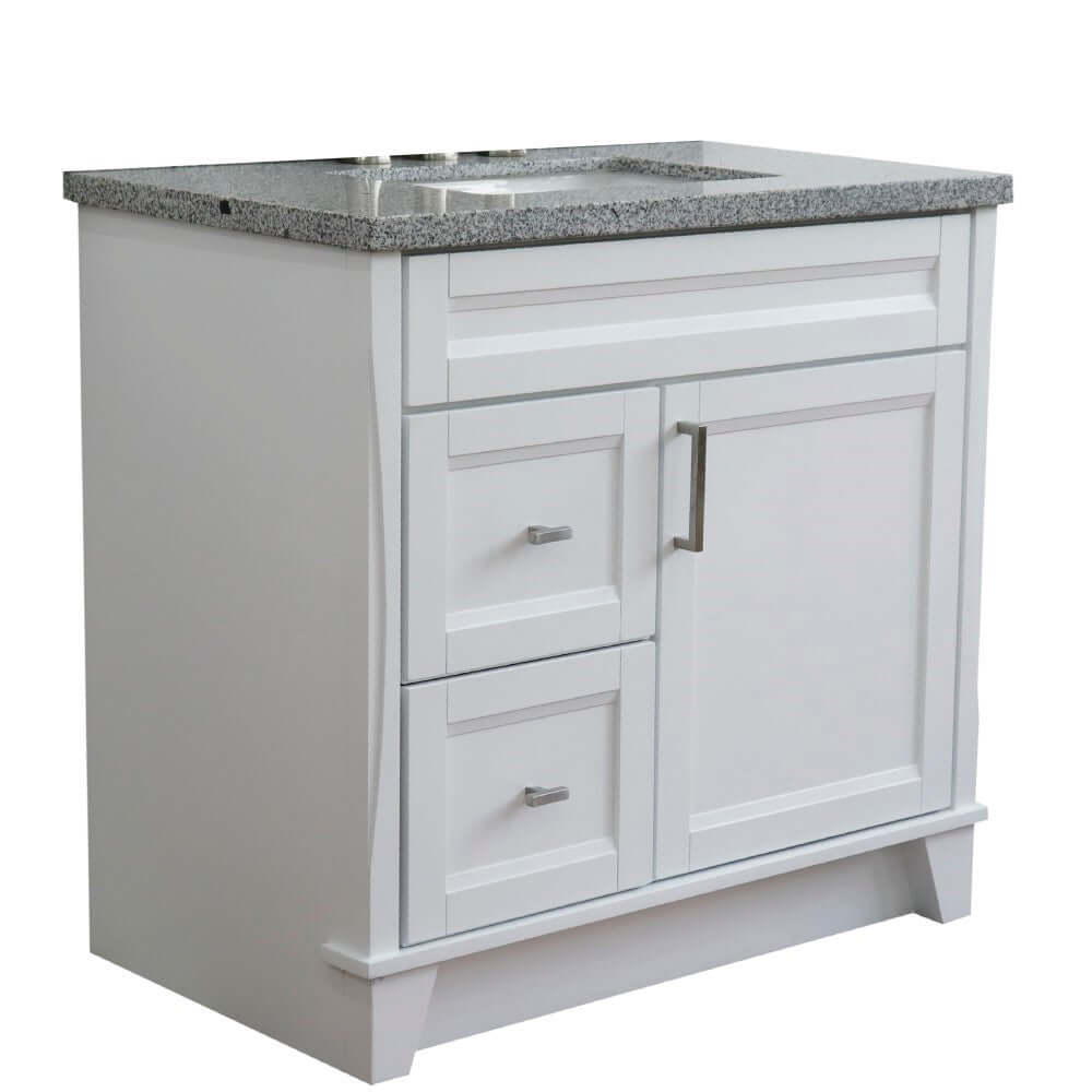 37" Single sink vanity in White finish with Gray granite and CENTER rectangle sink- RIGHT drawers - 400700-37R-WH-GYRC