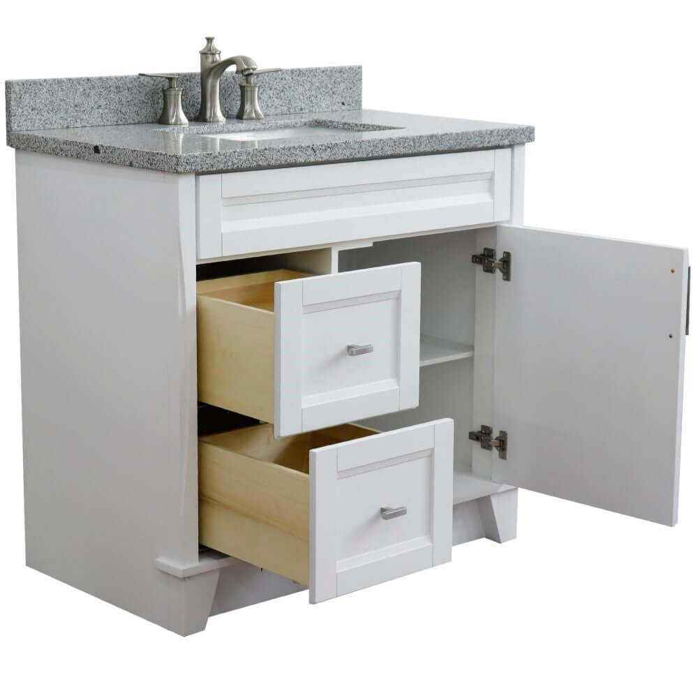 37" Single sink vanity in White finish with Gray granite and CENTER rectangle sink- RIGHT drawers - 400700-37R-WH-GYRC