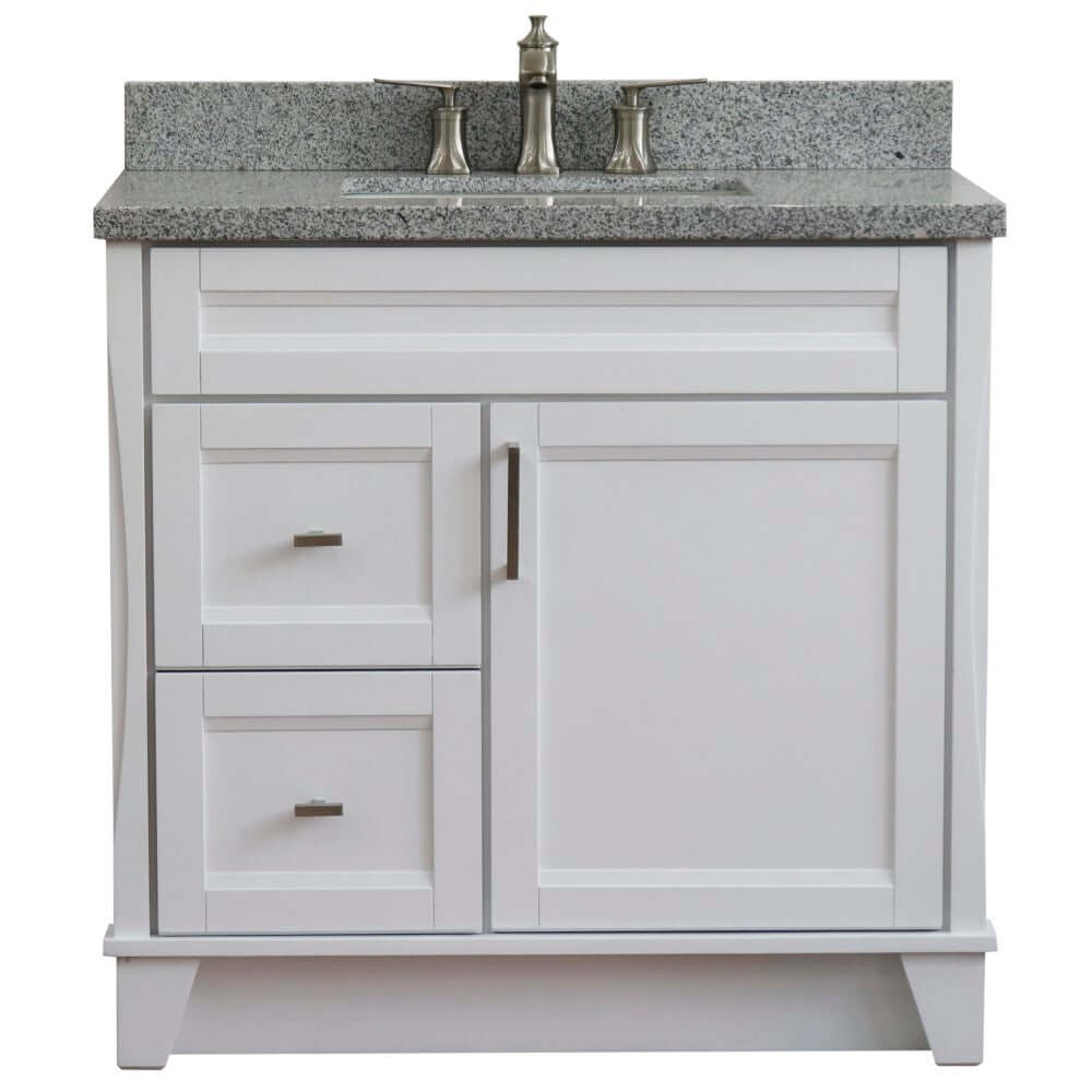 37" Single sink vanity in White finish with Gray granite and CENTER rectangle sink- RIGHT drawers - 400700-37R-WH-GYRC