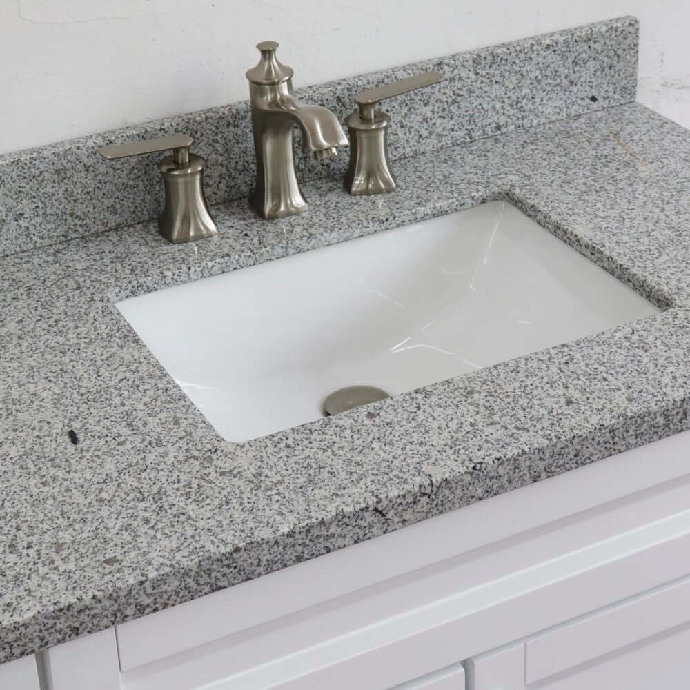 37" Single sink vanity in White finish with Gray granite and CENTER rectangle sink- RIGHT drawers - 400700-37R-WH-GYRC