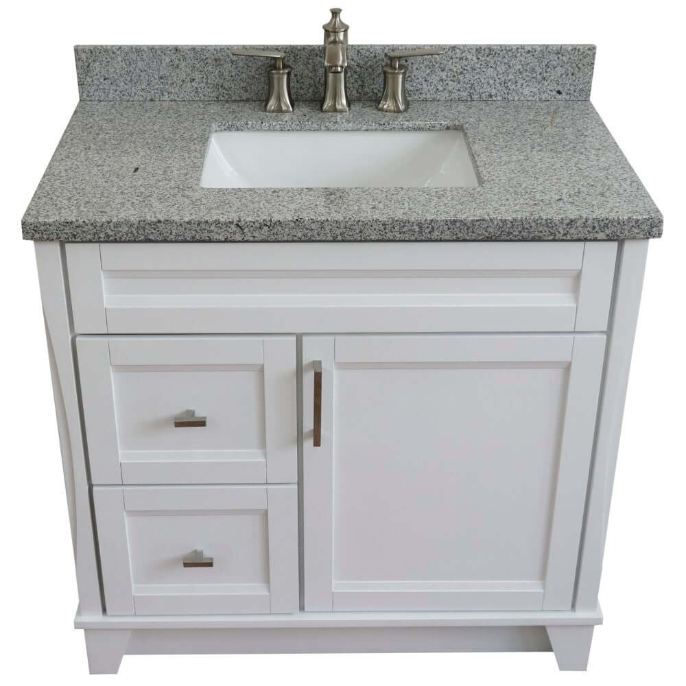 37" Single sink vanity in White finish with Gray granite and CENTER rectangle sink- RIGHT drawers - 400700-37R-WH-GYRC