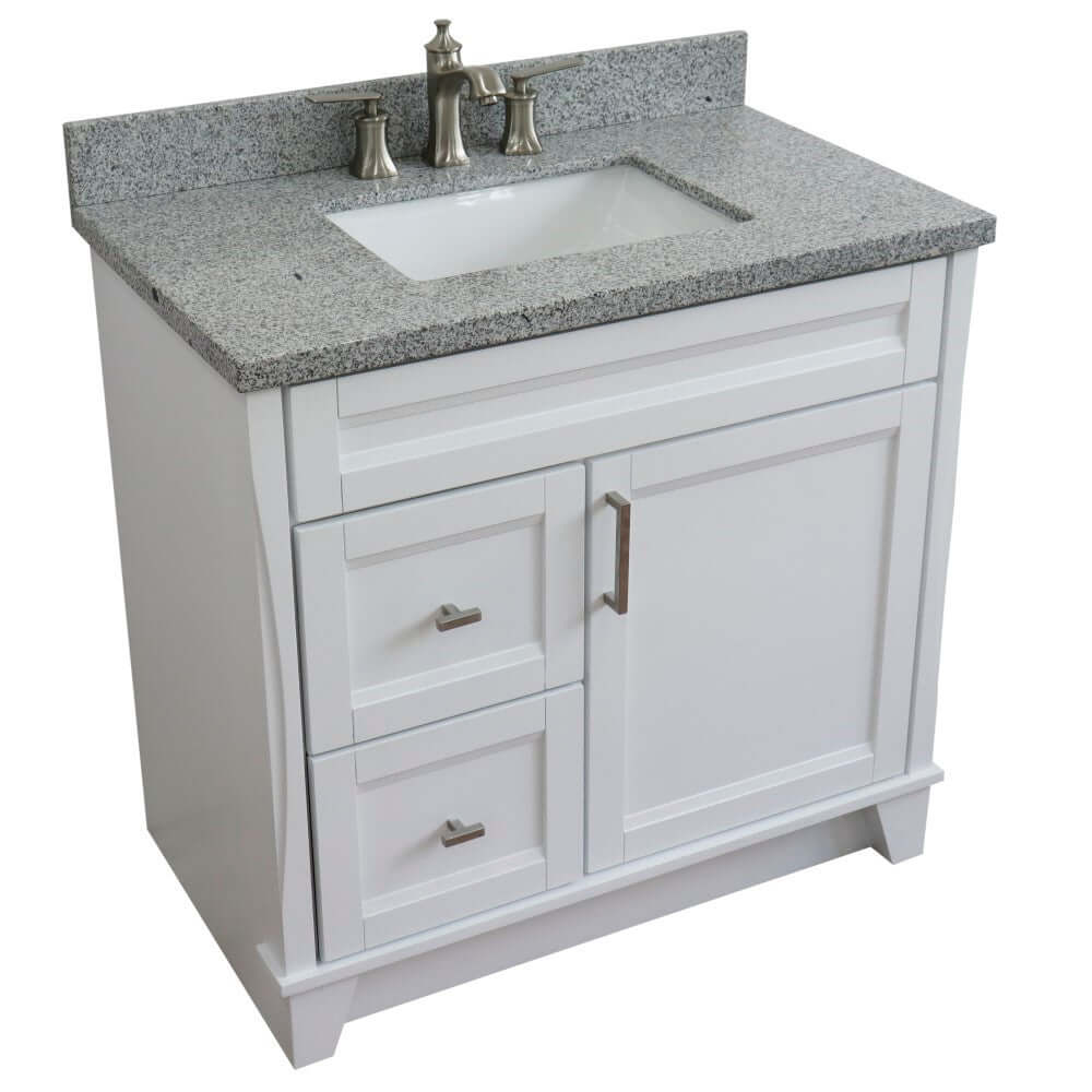 37" Single sink vanity in White finish with Gray granite and CENTER rectangle sink- RIGHT drawers - 400700-37R-WH-GYRC