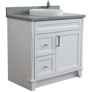 37" Single sink vanity in White finish with Gray granite and CENTER round sink- RIGHT drawers - 400700-37R-WH-GYRDC