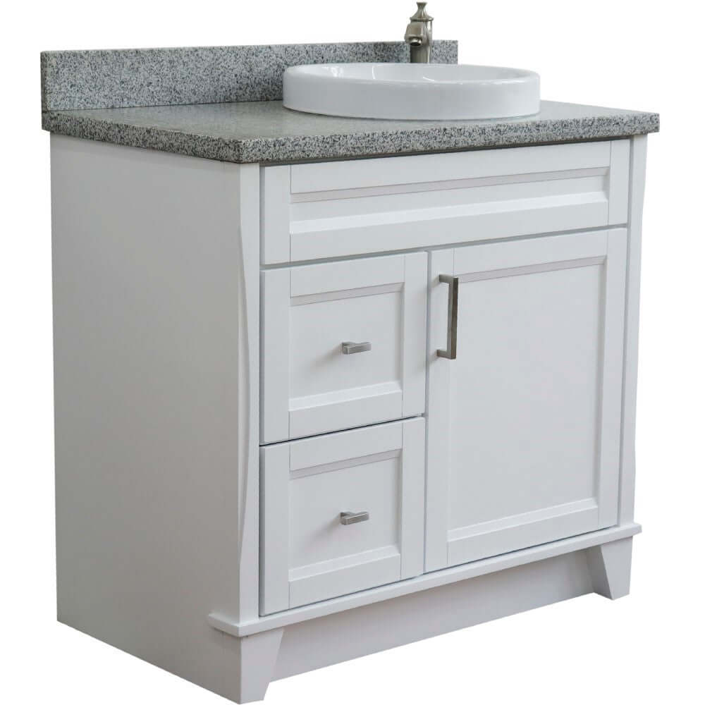 37" Single sink vanity in White finish with Gray granite and LEFT round sink- RIGHT drawers - 400700-37R-WH-GYRDR