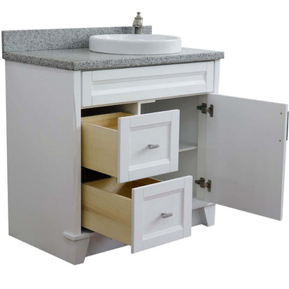 37" Single sink vanity in White finish with Gray granite and LEFT round sink- RIGHT drawers - 400700-37R-WH-GYRDR