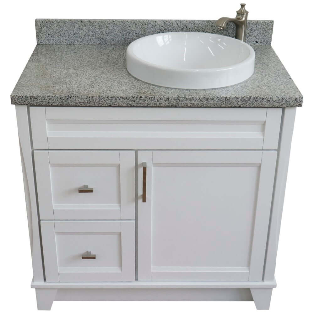 37" Single sink vanity in White finish with Gray granite and LEFT round sink- RIGHT drawers - 400700-37R-WH-GYRDR