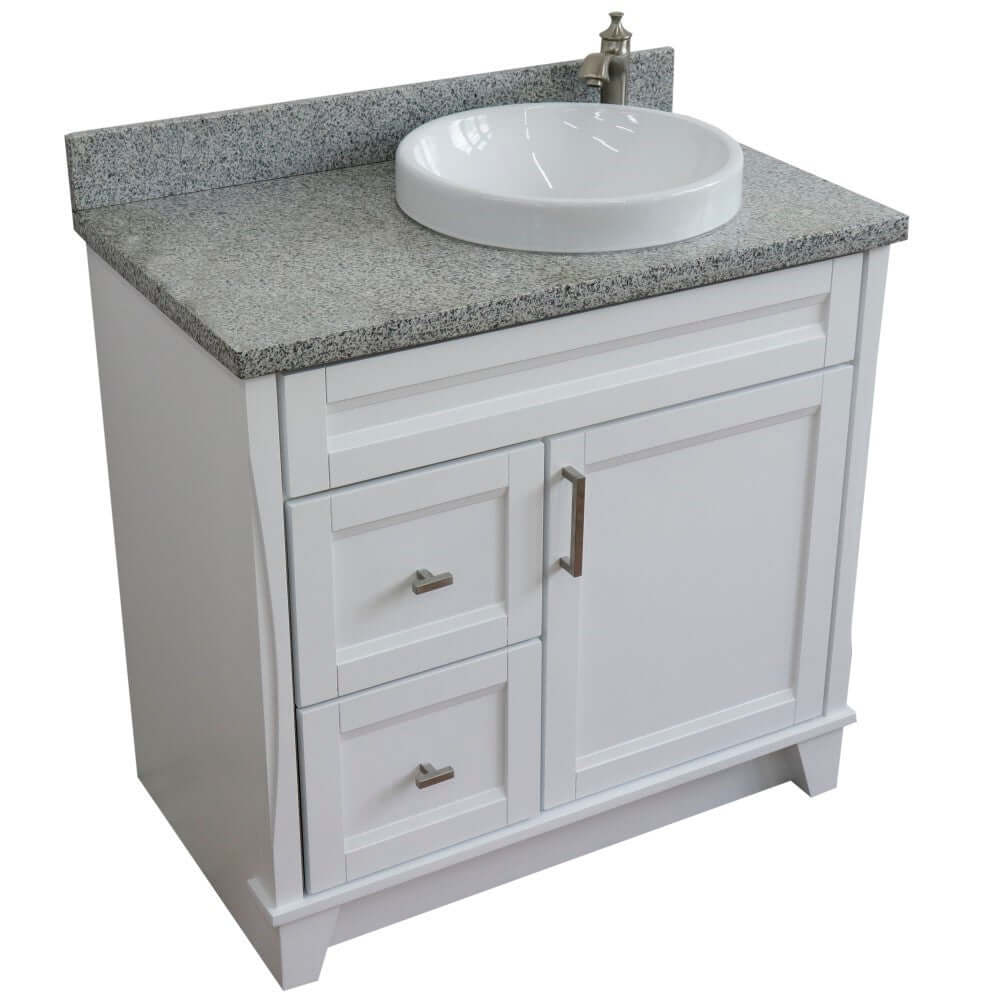 37" Single sink vanity in White finish with Gray granite and LEFT round sink- RIGHT drawers - 400700-37R-WH-GYRDR