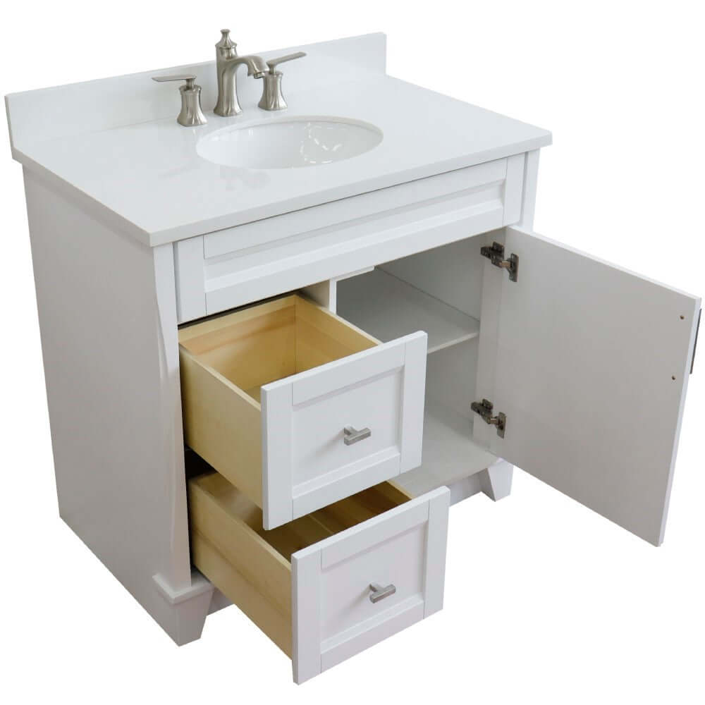 37" Single sink vanity in White finish with White quartz and CENTER oval sink- RIGHT drawers - 400700-37R-WH-WEOC