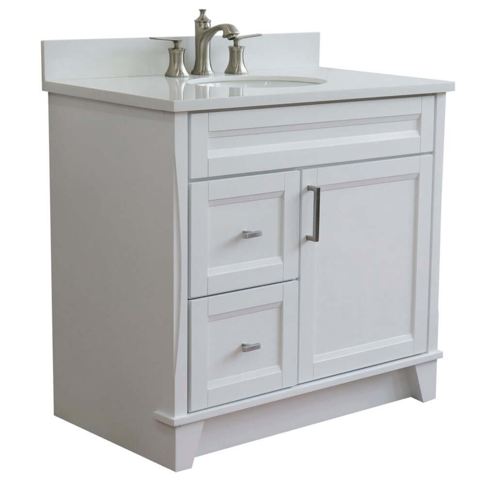 37" Single sink vanity in White finish with White quartz and CENTER oval sink- RIGHT drawers - 400700-37R-WH-WEOC