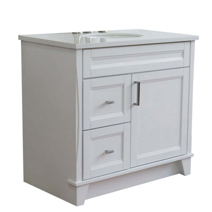 37" Single sink vanity in White finish with White quartz and CENTER oval sink- RIGHT drawers - 400700-37R-WH-WEOC