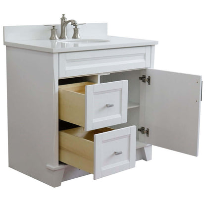 37" Single sink vanity in White finish with White quartz and CENTER oval sink- RIGHT drawers - 400700-37R-WH-WEOC