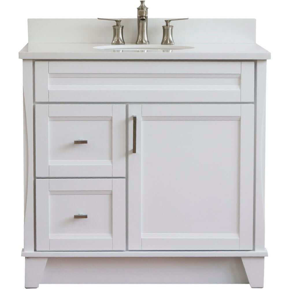 37" Single sink vanity in White finish with White quartz and CENTER oval sink- RIGHT drawers - 400700-37R-WH-WEOC