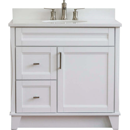 37" Single sink vanity in White finish with White quartz and CENTER oval sink- RIGHT drawers - 400700-37R-WH-WEOC