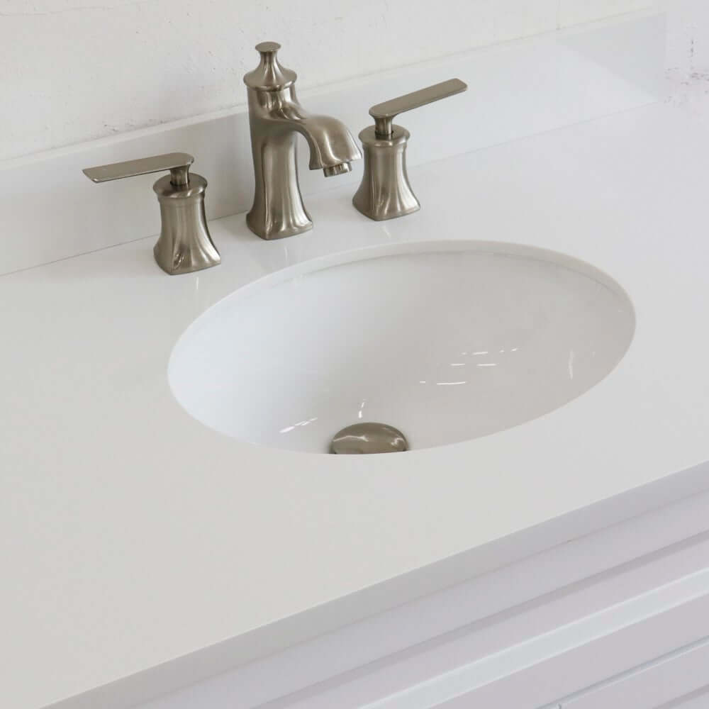 37" Single sink vanity in White finish with White quartz and CENTER oval sink- RIGHT drawers - 400700-37R-WH-WEOC