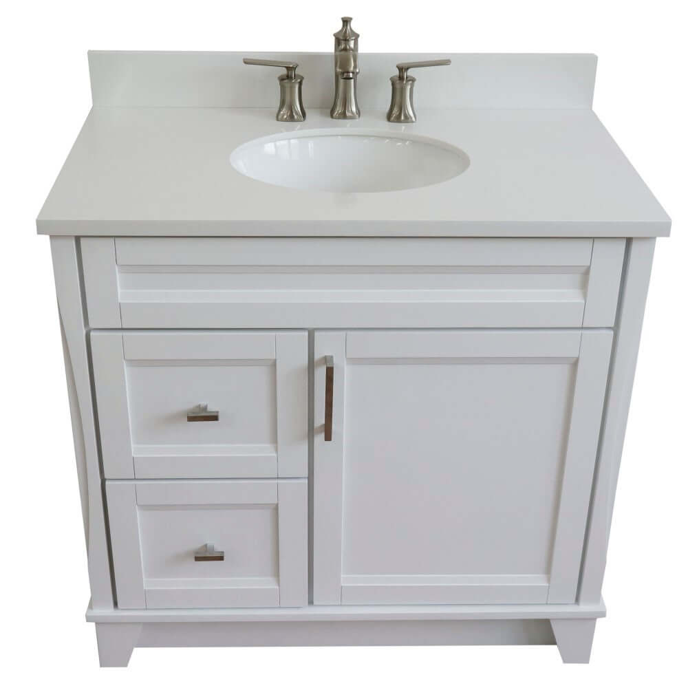 37" Single sink vanity in White finish with White quartz and CENTER oval sink- RIGHT drawers - 400700-37R-WH-WEOC