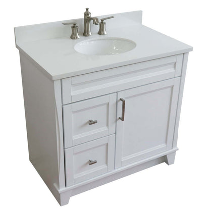 37" Single sink vanity in White finish with White quartz and CENTER oval sink- RIGHT drawers - 400700-37R-WH-WEOC