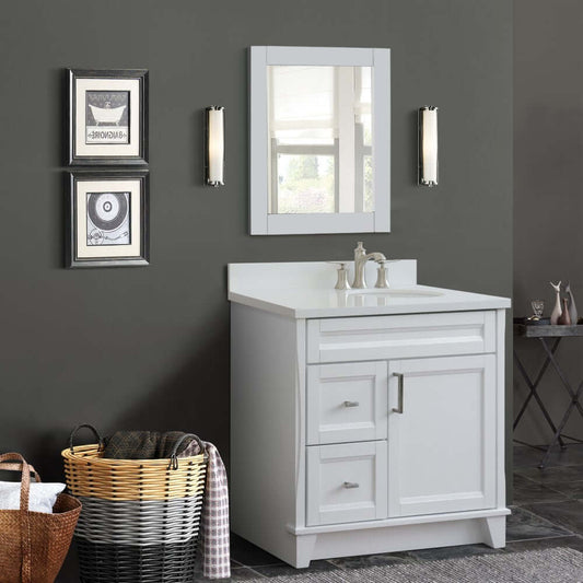 37" Single sink vanity in White finish with White quartz and LEFT oval sink- RIGHT drawers - 400700-37R-WH-WEOR