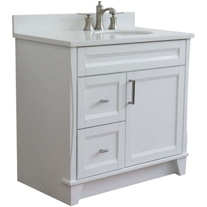 37" Single sink vanity in White finish with White quartz and LEFT oval sink- RIGHT drawers - 400700-37R-WH-WEOR