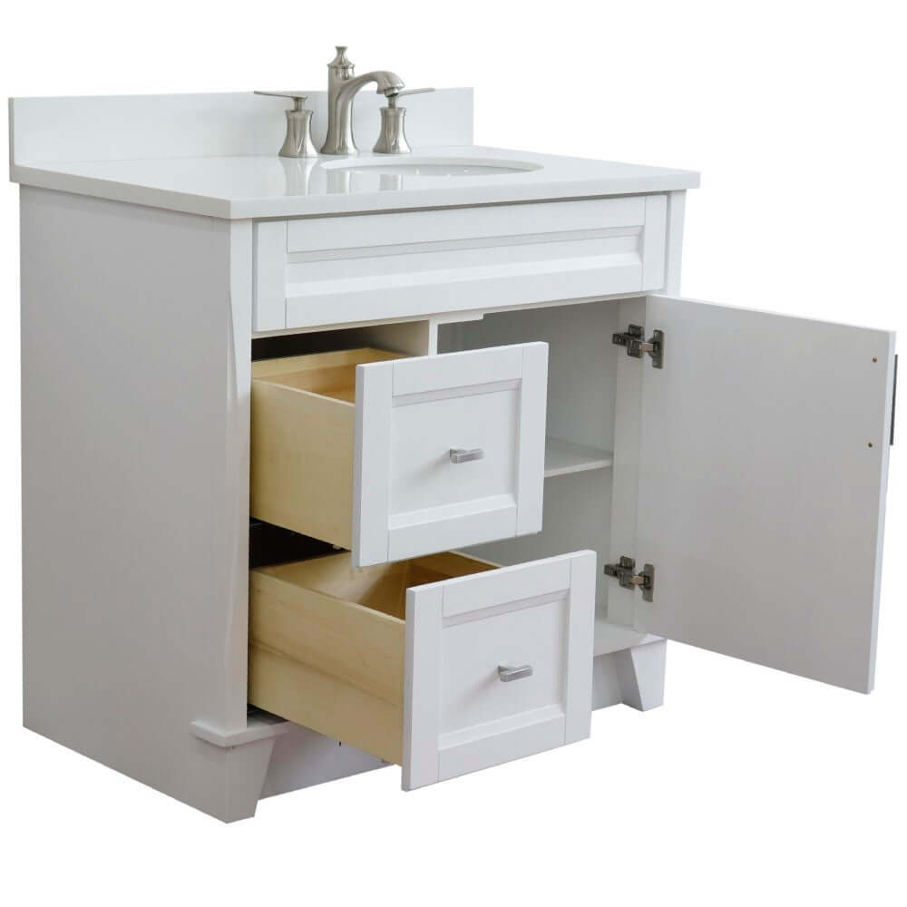 37" Single sink vanity in White finish with White quartz and LEFT oval sink- RIGHT drawers - 400700-37R-WH-WEOR