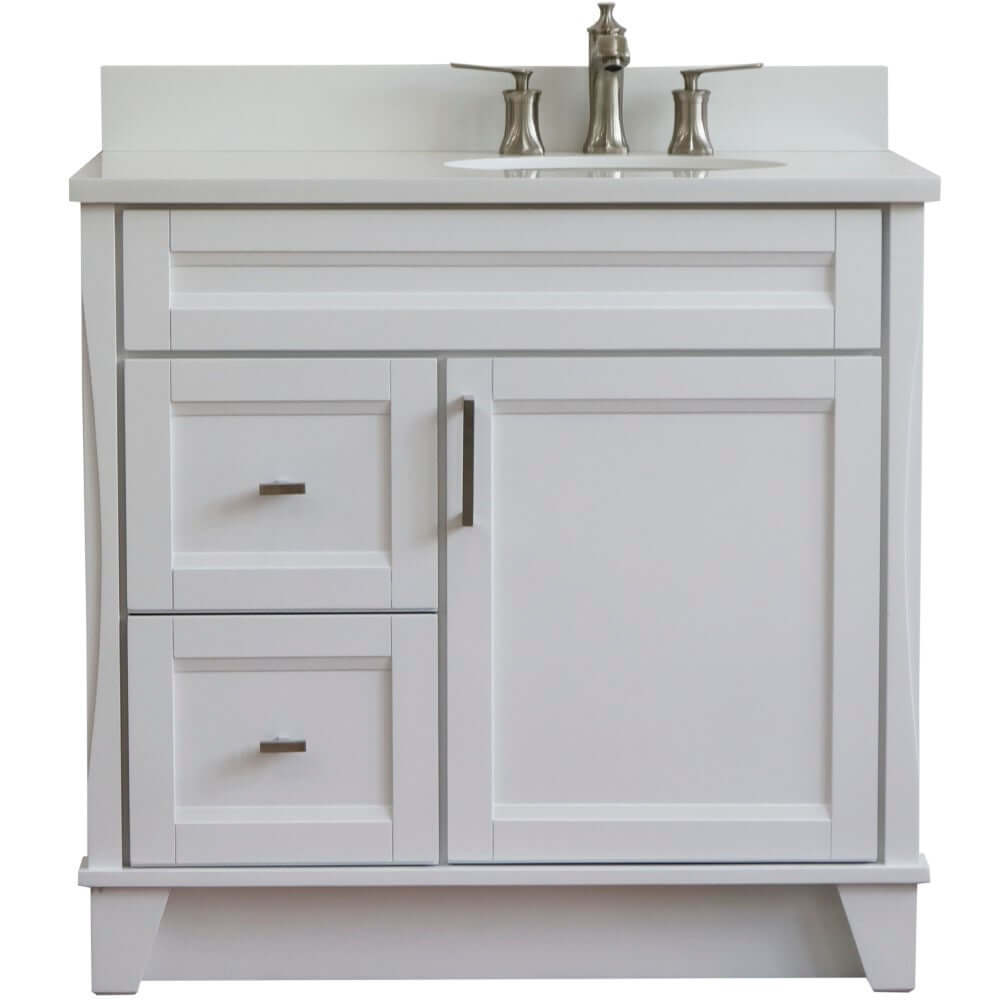 37" Single sink vanity in White finish with White quartz and LEFT oval sink- RIGHT drawers - 400700-37R-WH-WEOR