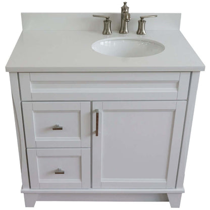 37" Single sink vanity in White finish with White quartz and LEFT oval sink- RIGHT drawers - 400700-37R-WH-WEOR