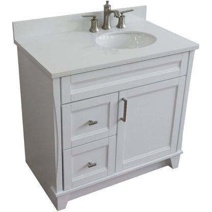 37" Single sink vanity in White finish with White quartz and LEFT oval sink- RIGHT drawers - 400700-37R-WH-WEOR