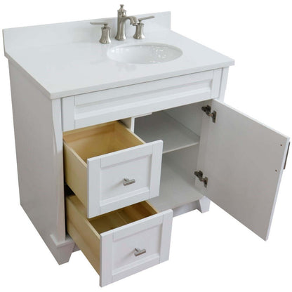 37" Single sink vanity in White finish with White quartz and LEFT oval sink- RIGHT drawers - 400700-37R-WH-WEOR