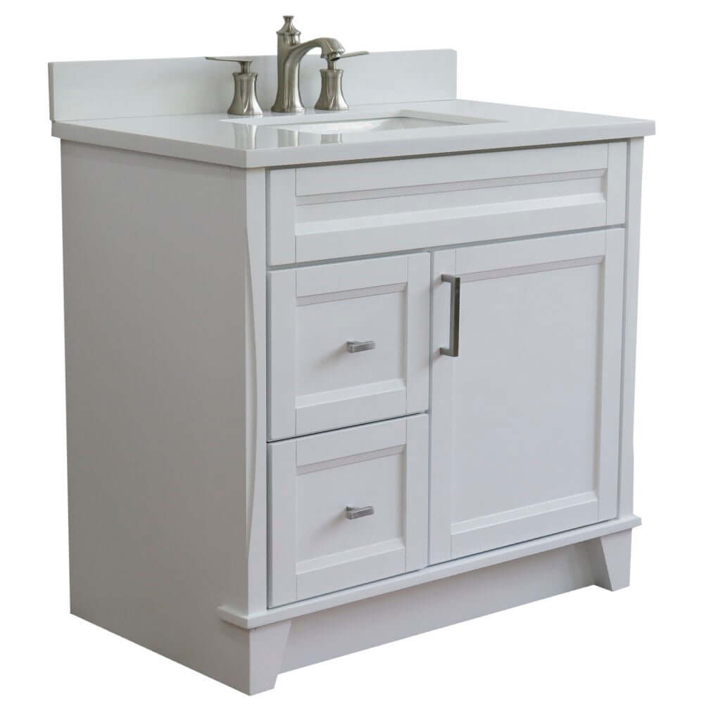 37" Single sink vanity in White finish with White quartz and CENTER rectangle sink- RIGHT drawers - 400700-37R-WH-WERC