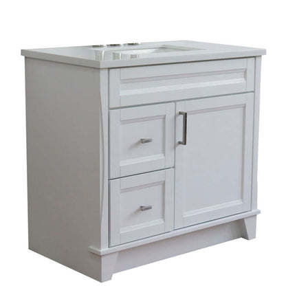 37" Single sink vanity in White finish with White quartz and CENTER rectangle sink- RIGHT drawers - 400700-37R-WH-WERC