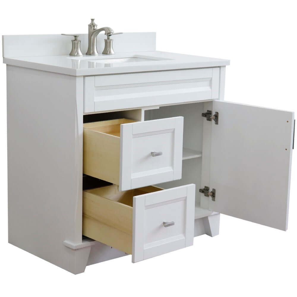 37" Single sink vanity in White finish with White quartz and CENTER rectangle sink- RIGHT drawers - 400700-37R-WH-WERC