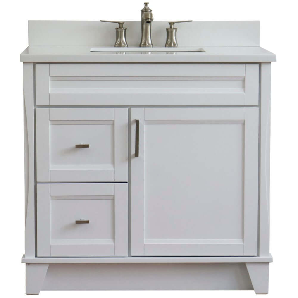 37" Single sink vanity in White finish with White quartz and CENTER rectangle sink- RIGHT drawers - 400700-37R-WH-WERC