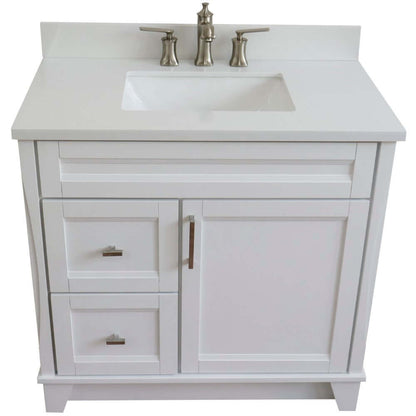 37" Single sink vanity in White finish with White quartz and CENTER rectangle sink- RIGHT drawers - 400700-37R-WH-WERC