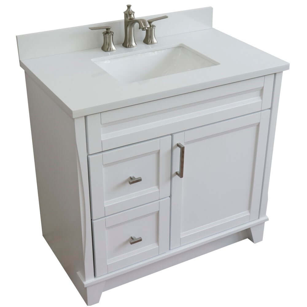 37" Single sink vanity in White finish with White quartz and CENTER rectangle sink- RIGHT drawers - 400700-37R-WH-WERC