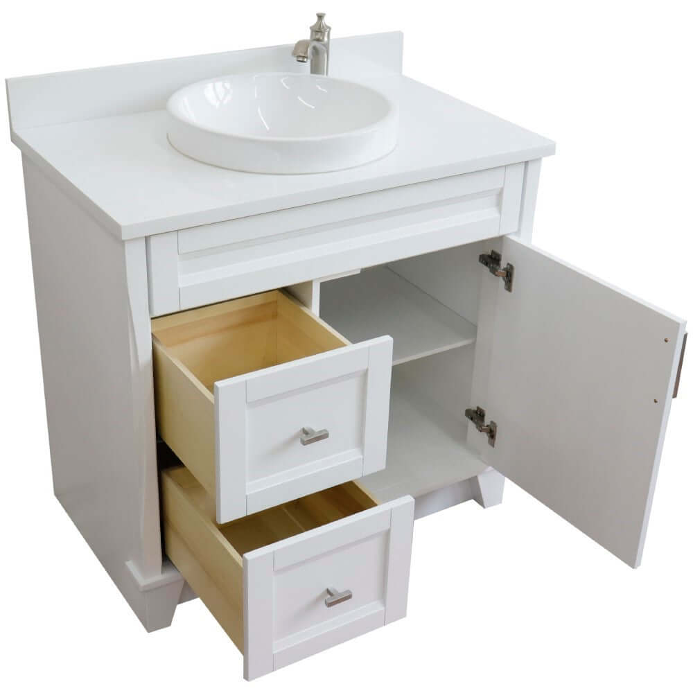 37" Single sink vanity in White finish with White quartz and CENTER round sink- RIGHT drawers - 400700-37R-WH-WERDC