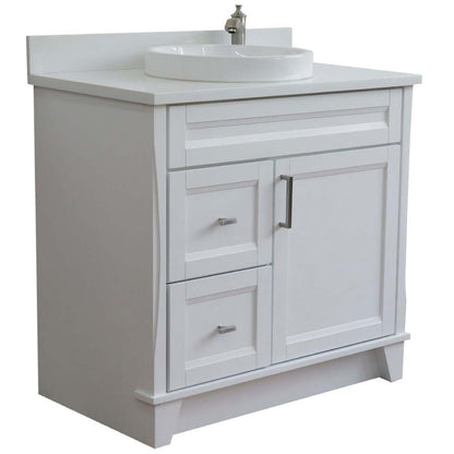 37" Single sink vanity in White finish with White quartz and CENTER round sink- RIGHT drawers - 400700-37R-WH-WERDC